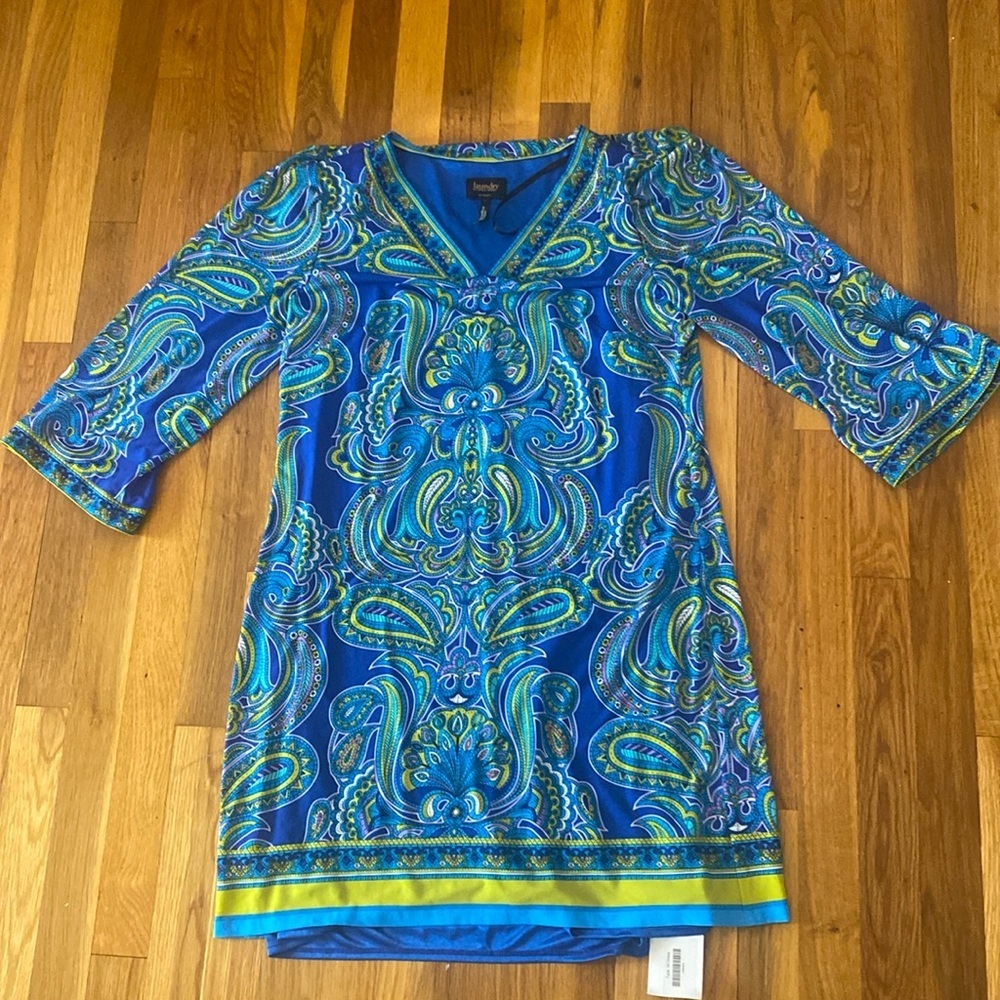 NWT Laundry By Shelli Segal Women’s Blue and Yellow Printed Dress Size L